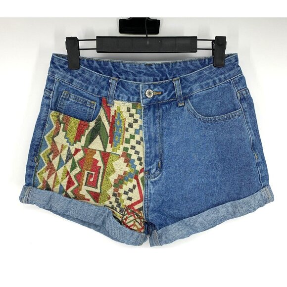 Shein Denim Shorts Blue Roll Up Embroidered Aztec Tribal - Picture 1 of 9